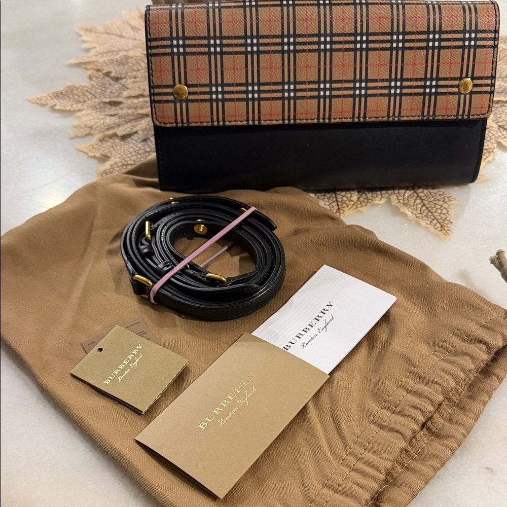 Burberry Tan Plaid and Black Leather Wallet or crossbody!